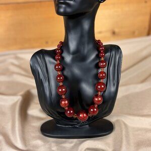 Vintage Red Lucite Bead Necklace Foil Inclusions Mid Century Statement A43